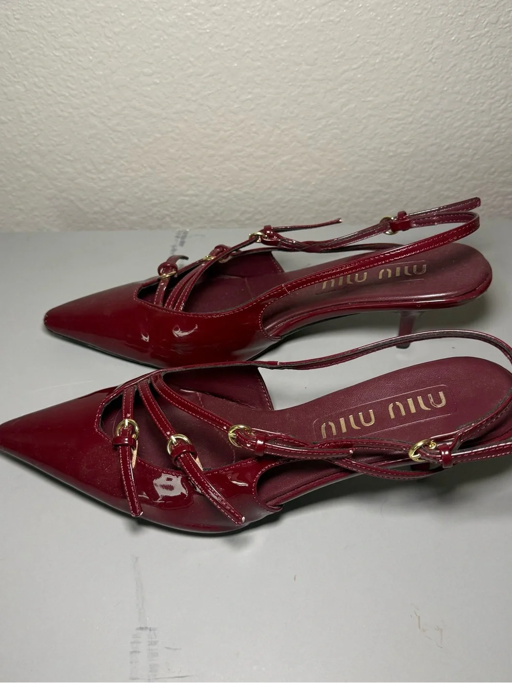 Miu Miu Wine Red Patent Leather Pointed Slingback Mules